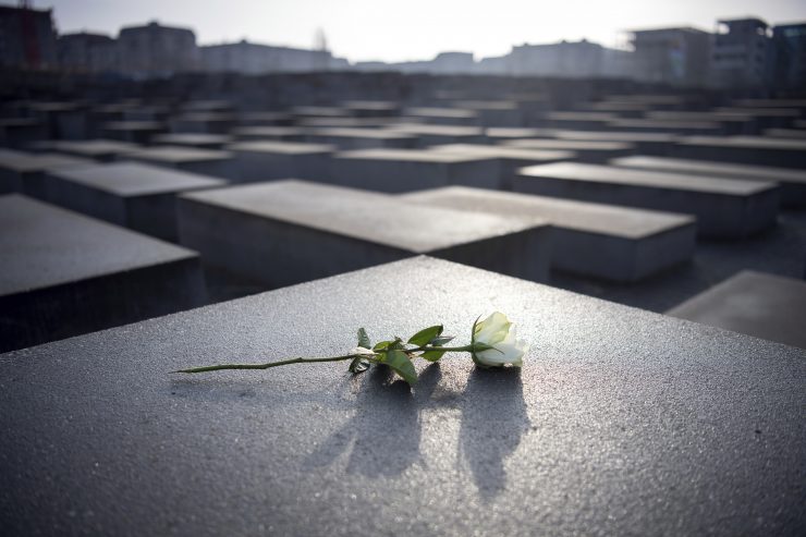 Pamätník zavraždených Židov v Európe v Berlíne položená biela ruža náhrobok