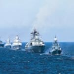 Ruské vojnové lode na otvorenom mori.