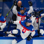 Hokejisti Slovenska sa tešia z postupu do semifinále po štvrťfinále olympijského turnaja v hokeji mužov USA - Slovensko (3:2) na ZOH 2022 v Pekingu v stredu 16. februára 2022.