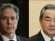 Na kombosnímke zľava americký minister zahraničných vecí Antony Blinken a šéf čínskej diplomacie Wang I.