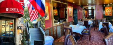 Na kombosnímke exteriér a interiér reštaurácie Russia House vo Washingtone.