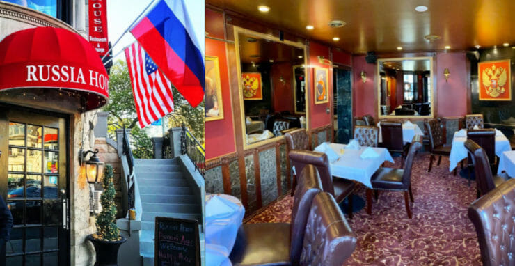 Na kombosnímke exteriér a interiér reštaurácie Russia House vo Washingtone.