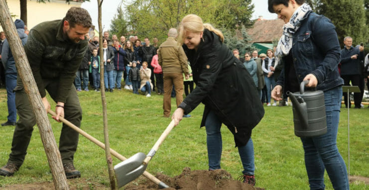 Prezidentka Zuzana Čaputová počas výsadby stromov.