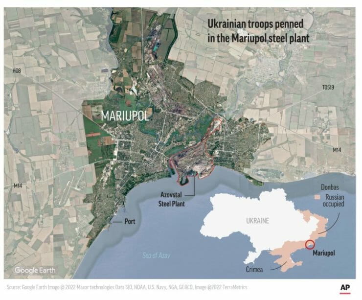 Na satelitnej snímke ukrajinské prístavné mesto Mariupol a oceliarne Azovstaľ.