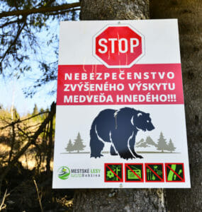 Na ilustračnej snímke tabuľa upozorňujúca na možný výskyt medveďov na Voniarkach pri Dobšinskej Maši, 18. apríla 2022.