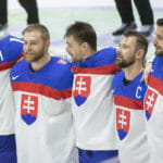 Slovenskí hokejisti po víťazstve 7:1 nad Dánskom po zápase A-skupiny Slovensko - Dánsko na 85. majstrovstvách sveta v ľadovom hokeji 24. mája 2022 v Helsinkách.