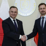 Sprava predseda vlády SR Eduard Heger a prezident Poľskej republiky Andrzej Duda počas prijatia v priestoroch historickej budovy Úradu vlády SR 11. mája 2022 v Bratislave.