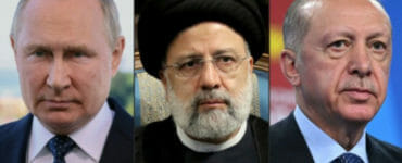 Na kombosnímke zľava Vladimir Putin, Alí Chameneí a Recep Tayyip Erdogan.