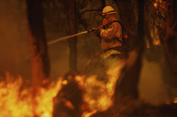 Hasič bojuje s plameňmi počas lesného požiaru