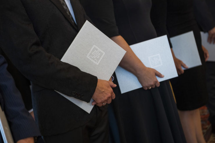 Na snímke noví vysokoškolskí profesori a profesorky po vymenovaní prezidentkou SR Zuzanou Čaputovou v Prezidentskom paláci v Bratislave 31. augusta 2022.