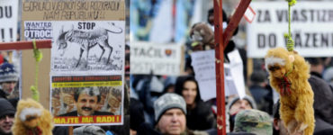 Na kombosnímke atmosféra z protestu Gorila dva na Námestí SNP 3. februára 2012 v Bratislave
