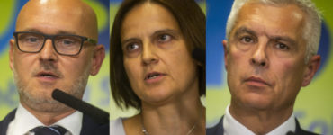 Ministri za SaS zľava Branislav Gröhling, Mária Kolíková a Ivan Korčok po podaní demisií.