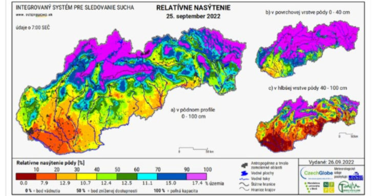 Mapa zverejnená SHMÚ ukazuje, aké je na Slovensku riziko sucha.