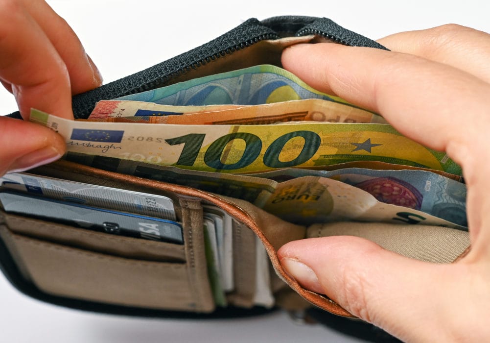 Na ilustračnej snímke muž vyťahuje z peňaženky bankovku v hodnote 100 eur.