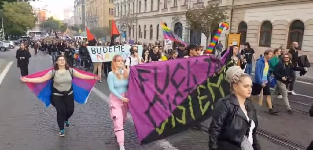 Videosnímka zachytáva účastníkov pochodu v centre Bratislavy.