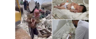 Kombosnímka zachytáva záchranu novonarodeného dievčatka v Sýrii.