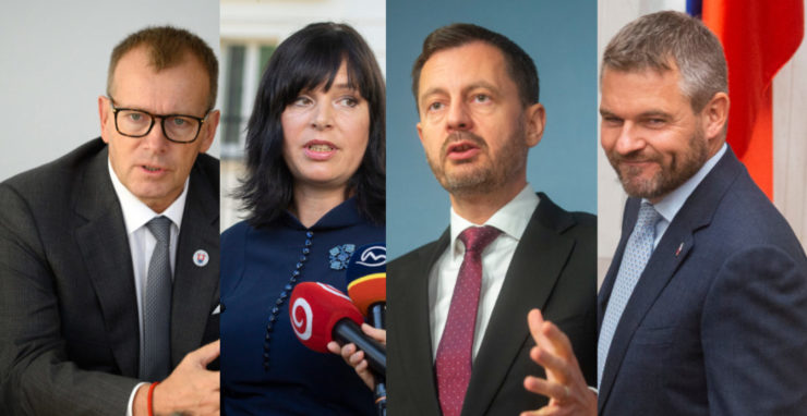 Lídri politických strán: zľava Boris Kolár (Sme rodina), Veronika Remišová (Za ľudí), Eduard Heger (Demokrati) a Peter Pellegrini (Hlas-SD).