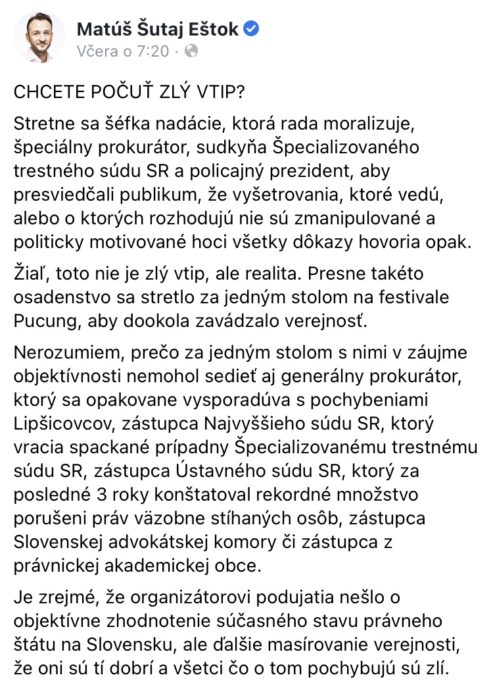 Matúš Štuaj Eštok zverejnil na svojom profile status ohľadom "masírovania verejnosti". 