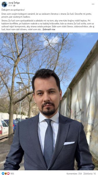 Juraj Šeliga sa na sociálnej sieti rozlúčil s kolegami zo strany Za ľudí a na druhý deň sa už chcel rokovať s inými politickými subjektmi.
