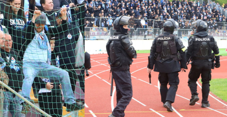 Na kombosnímke polícia a fanúšikovia Slovana na štadióne Dukly Banská Bystrica. Foto: tasr