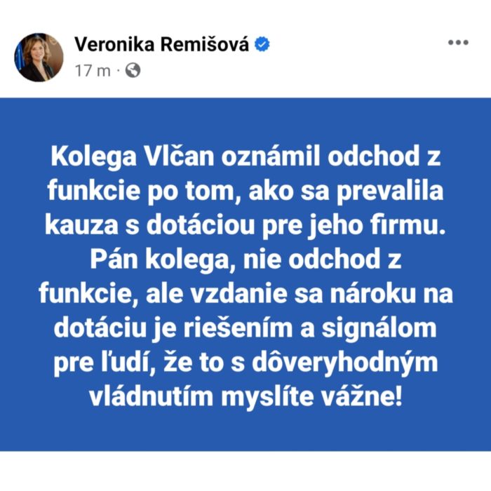 Veronika Remišová reagovala na Vlčana neskoro. 