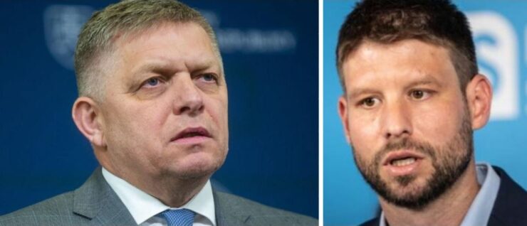 Premiér Robert Fico (Smer-SD) a líder opozičného hnutia Progresívne Slovensko (PS) Michal Šimečka