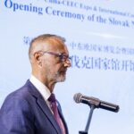 Predseda Národnej rady (NR) SR Richard Raši (Hlas-SD) vystupuje s prejavom po otvorení Národného stánku Slovenska na 4. ročníku EXPO China-CEEC