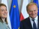 Poľský premiér Donald Tusk a predsedníčka Európskeho parlamentu Roberta Metsolová