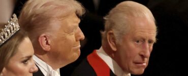 Zľava Kate, britská princezná z Walesu, americký prezident Donald Trump a britský kráľ Karol III. počas banketu na Windsorskom hrade