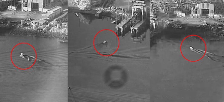 snímka z videa zverejnenej americkým centrálnym veliteľstvom americký vojenský útok dronmi z povrchových plavidiel v Hormuzskom prielive na prístav
